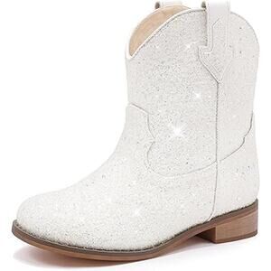 Motasha Toddler Girl 10 White Iridescent Shiny Pull On Western Cowgirl Boots